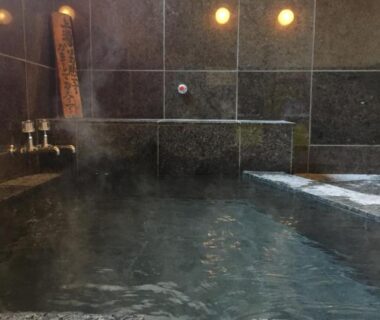 Stone-lined indoor onsen bath at Hoshi Meguri in Shizuoka with wooden upper walls and spouts