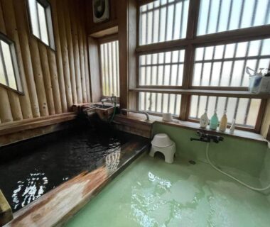 Indoor wooden onsen bath with shower area and stool at Hot Spring Inn Hyoutan, Gunma, Kantō