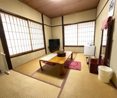 Traditional tatami room with low wooden table, shoji screens, TV and small refrigerator at Hot Spring Inn Hyoutan Gunma