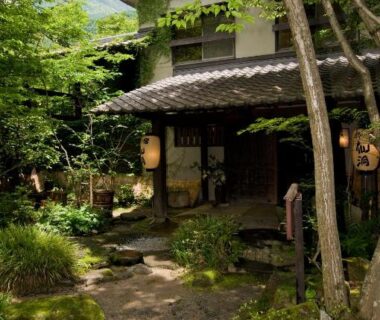 Stone path and mossy garden leading to traditional ryokan entrance at Hotaru no Yado Sendou in Ōita