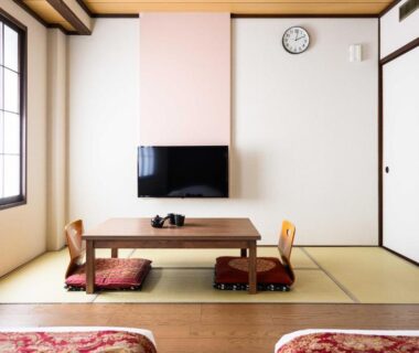 Tatami room with low table and cushions at Hotel Asyl Nara, Kansai Japan