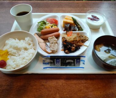 Japanese breakfast set with rice, miso soup, pickles and side dishes at Hotel Edoya Tokyo