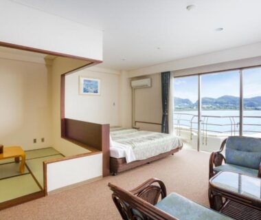 Room with tatami alcove, western bed and balcony overlooking lake, Hotel Green Plaza Hamanako, Shizuoka
