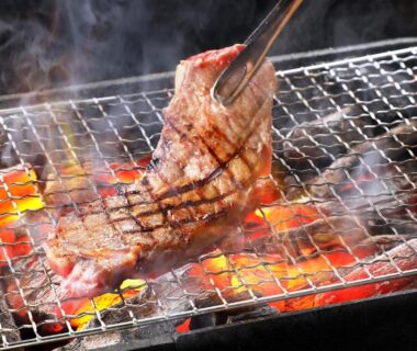 Grilled meat searing over charcoal on wire mesh grill with tongs at Hotel Green Plaza Hamanako, Shizuoka, Japan