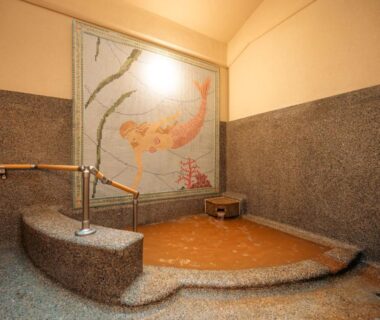 Stone-lined indoor bath with koi mosaic at Hotel Hanakoyado, Hyōgo, Kansai