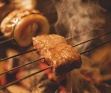 Charcoal grilled skewers over glowing coals at Hotel Hanakoyado, Hyōgo, Kansai, Japan