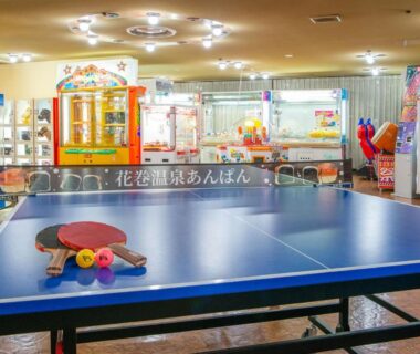 Table tennis table and arcade games in a recreation room at Hotel Hanamaki, Iwate, Tohoku