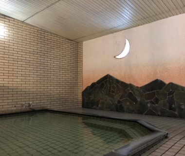 Tiled indoor bath with mountain mural and crescent moon light at Hotel Harumoto, Tochigi, Kantō
