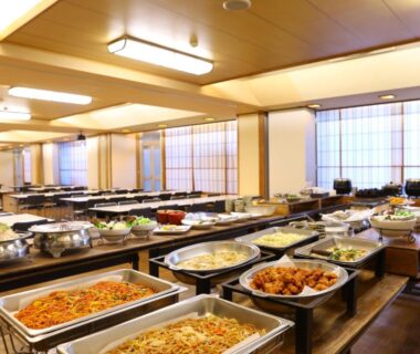 Bright dining room with buffet tables at Hotel Housei in Nagano, Chūbu
