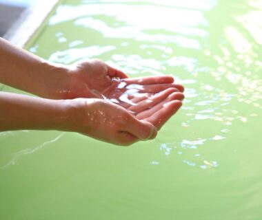Hands cupping pale green bath water in a ryokan bathing area at Hotel Ichibokaku, Nagano