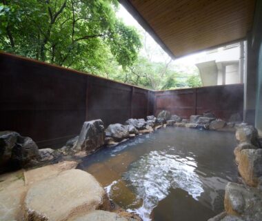 Outdoor rock onsen bath with stone edging and wooden canopy, green trees visible beyond fence