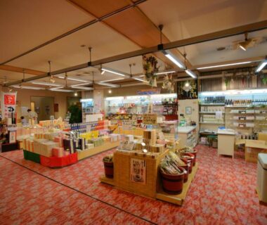 Spacious souvenir shop with shelves and packaged goods at Hotel Kaminoyu Onsen in Yamanashi, Chūbu