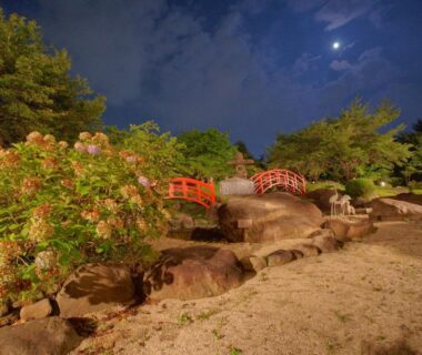 Moonlit garden path with red arched bridges at Hotel Kaminoyu Onsen in Yamanashi