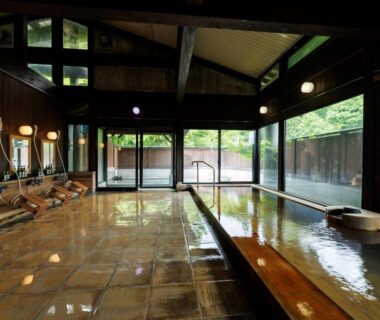 Indoor onsen bath with wooden beams, tiled floor, wash stations and trees outside at Hotel Kikori, Gifu