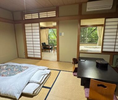 Traditional tatami room with futon, low table and shoji screens at Hotel Kosho, Tochigi