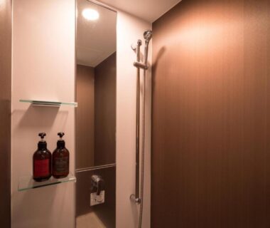 Compact bathroom shower with wood-toned panels and glass shelf holding two toiletry bottles at Hotel Koyokan, Iwate