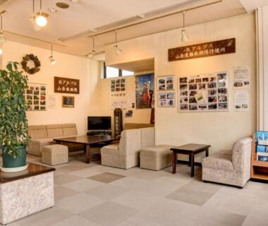 Spacious ryokan lobby with armchairs, low tables, plant, wall gallery and brochure stand at Hotel La Montagne Furuhata, Nagano