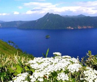 Blue lake with small island and white wildflowers near Hotel Masyu in Hokkaidō