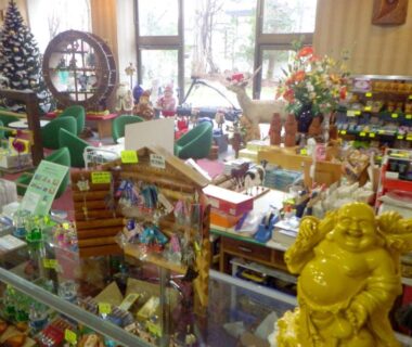Glass display counter and shelves of souvenirs, golden Buddha figurine, festive tree and windows inside Hotel Masyu shop, Hokkaido