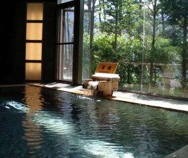 Indoor onsen bath with wooden spout and garden view through large windows