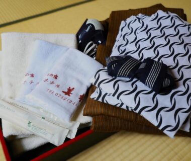 Yukata, slippers and towels arranged on tatami at Hotel Mimatsu in Nara, Kansai Japan