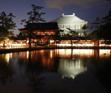Illuminated temple and pond reflection at night by Hotel Mimatsu in Nara, Kansai