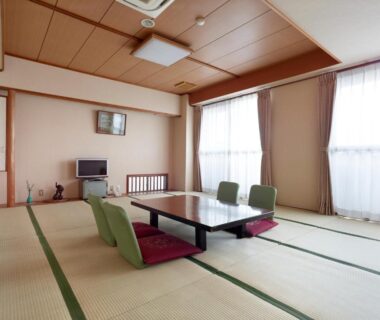 Tatami room with low table and floor chairs, Hotel Mimatsu, Nara
