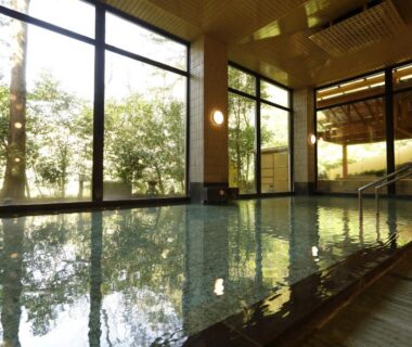 Spacious indoor onsen bath with wooden decking at Hotel Nanpuso in Kanagawa, Kantō, Japan