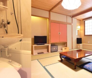 Traditional tatami room with low wooden table, floor cushions, shoji window and adjoining compact bathroom