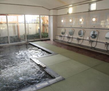 Indoor communal bath with stools and wall-mounted showers at Hotel New Kotobuki in Nagano, Chūbu