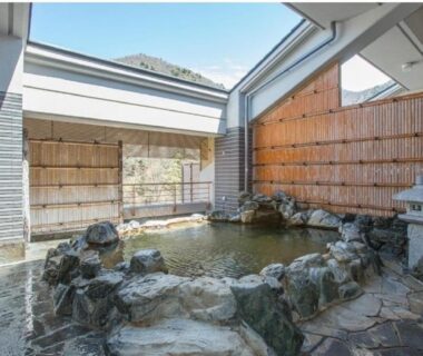 Partially covered stone onsen bath with bamboo fence and distant mountain view at Hotel New Momiji in Tochigi
