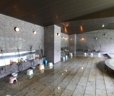 Tiled indoor onsen with washing stations and stools at Hotel New Ohruri in Tochigi, Kanto, Japan