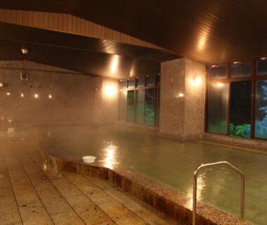 Steaming indoor onsen bath with tiled floor and windows at Hotel New Ohruri in Tochigi, Kantō
