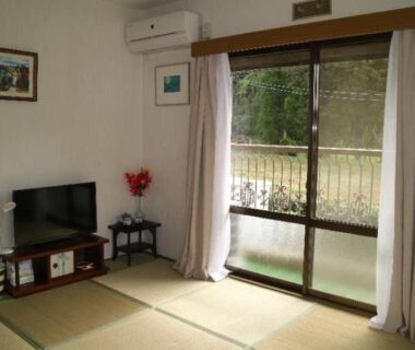 Tatami-floored room with low table, TV cabinet, air conditioner, and sliding glass doors at Hotel New Otani, Chiba, Kanto