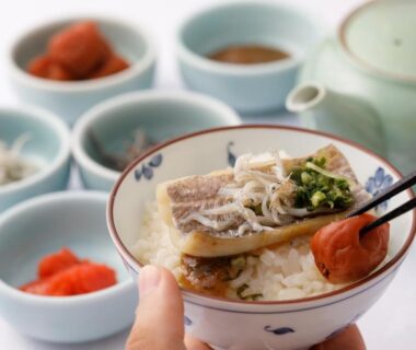 Bowl of rice with pickled plum and small side dishes, Hotel New Tsuruta, Oita, Kyushu, Japan