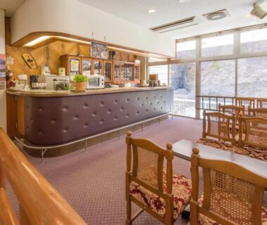 Carpeted reception area with wooden chairs and curved counter at Hotel Nosegawa in Nara