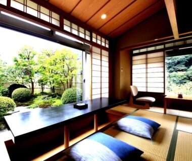 Traditional tatami room with low table, cushions and shoji screens overlooking manicured garden at Hotel Okuyumoto in Kanagawa