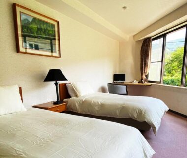 Twin beds with desk and window view at Hotel & Onsen 2307 Shigakogen in Nagano