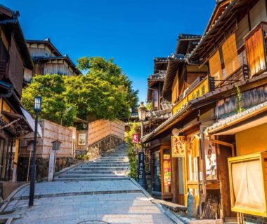 Stone steps and wooden machiya facades near Hotel Oumiya, Kyoto Kansai