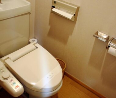Electronic bidet toilet and sink in compact bathroom at Hotel Ravie Kawaryo in Shizuoka, Chūbu, Japan