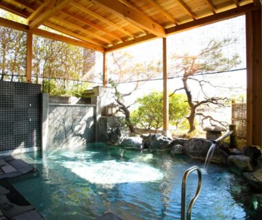 Covered rock-edged onsen bath at Hotel Ravie Kawaryo with garden view in Shizuoka, Chūbu