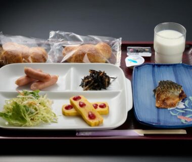 Breakfast tray with rolls, sausages, grilled fish, salad, seaweed and glass of milk at Hotel ST MORITZ