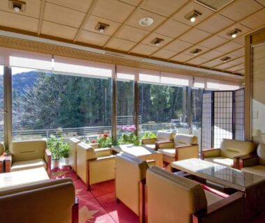 Sunlit seating area with armchairs and low tables facing large windows and forested mountains at Hotel Seikoen, Tochigi