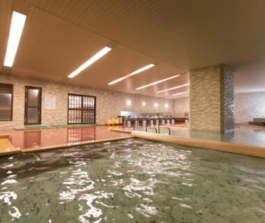 Indoor onsen bath at Hotel Senshukaku in Iwate with wooden edge and seating area