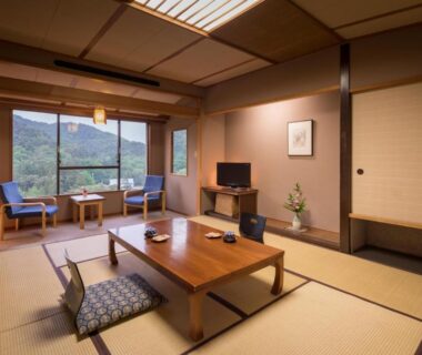 Traditional tatami room with low table, zabuton cushions, window seating and distant mountain view at Hotel Senshukaku