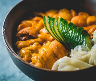 Uni rice bowl with cucumber, wasabi and pickled ginger at Hotel Sonia Otaru, Hokkaido