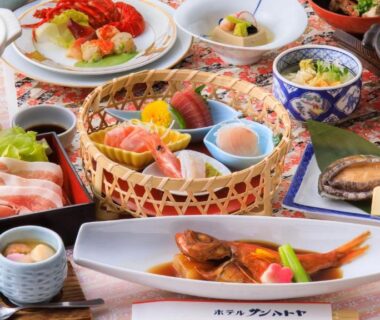 Assortment of small Japanese dishes and bowls at Hotel Sun Hatoya in Shizuoka