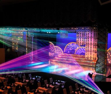 Colorful stage lighting over banquet tables at Hotel Sun Hatoya in Shizuoka, Chūbu, Japan