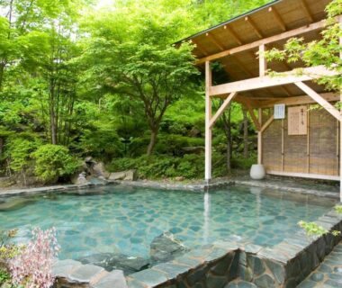 Rock-lined outdoor onsen with wooden shelter surrounded by green garden at Hotel Taikan, Iwate, Tōhoku