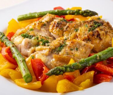 Savoury plated entree with asparagus and peppers at Hotel Taikan, Iwate, Tohoku